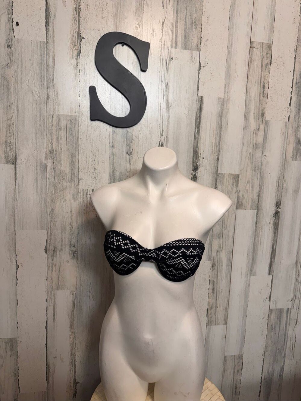 Crochet Lace Underwire Bandeau Bikini Top Womens Small Black White Swim